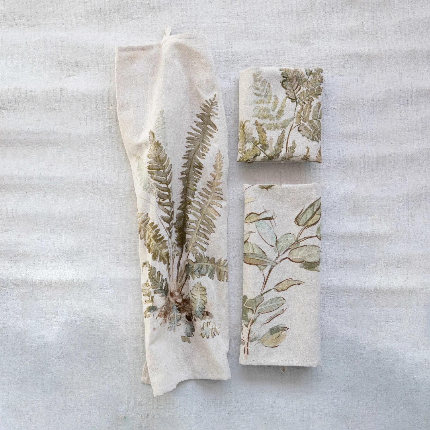 DF6730A   Cotton & Linen Printed Tea Towel w/ Botanical Image & Loop, 3 Styles